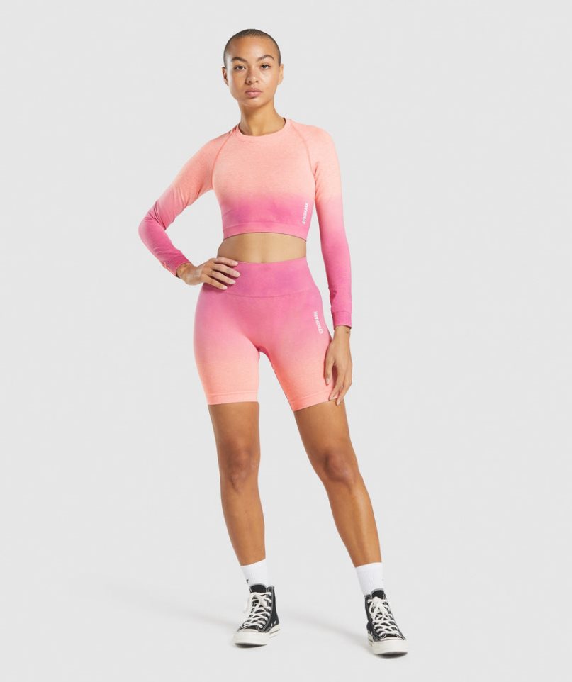 Women's Gymshark Adapt Ombre Seamless Long Sleeve Cropped Tops Pink | NZ 8JUNRC